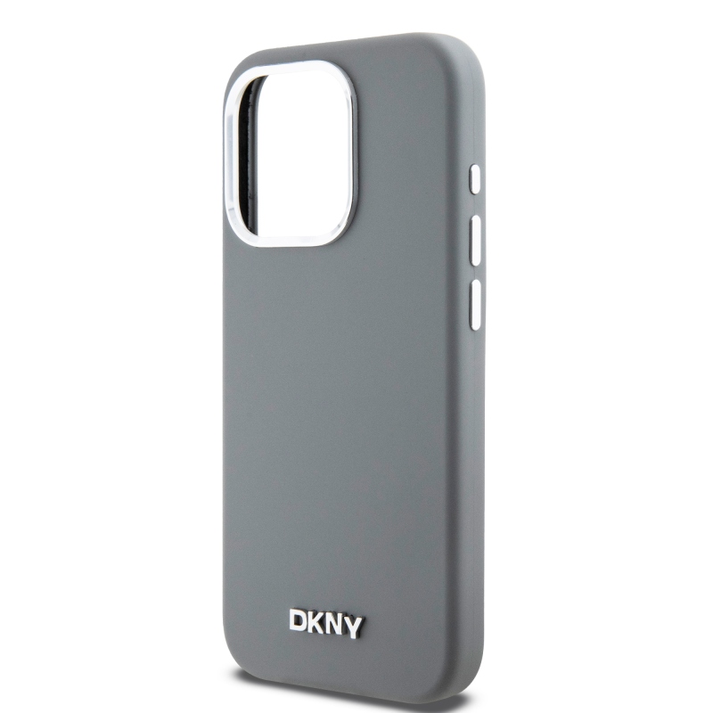 DKNY Liquid szilikon ezüst fém logó Magsafe hátlap iPhone 15 Pro szürke szürkéhez