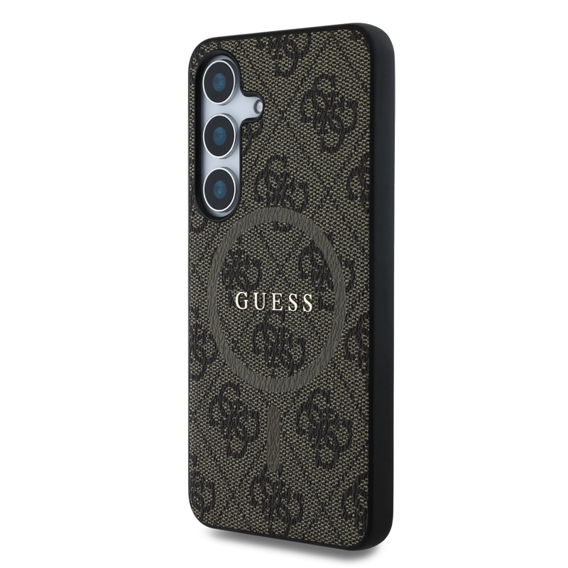 Guess PU bőr 4G színes gyűrűs MagSafe hátlap Samsung Galaxy S25 barna