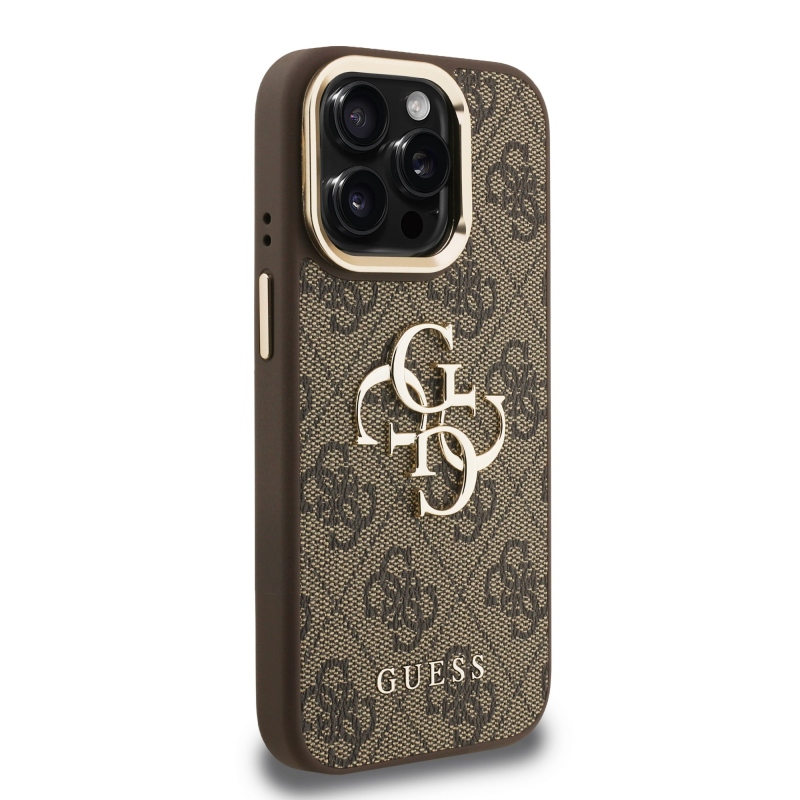 Guess PU 4G fém logó állvány kamera keret hátlap iPhone 15 Pro Max barna barna