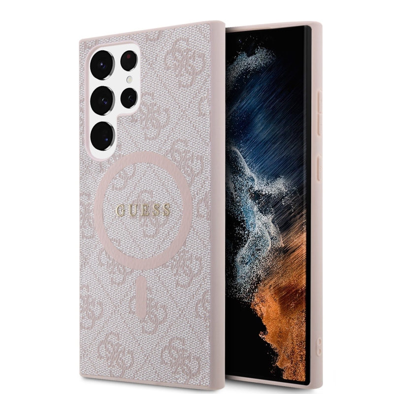 Guess PU bőr 4G színes gyűrűs MagSafe hátlap Samsung Galaxy S24 Ultra rózsaszín