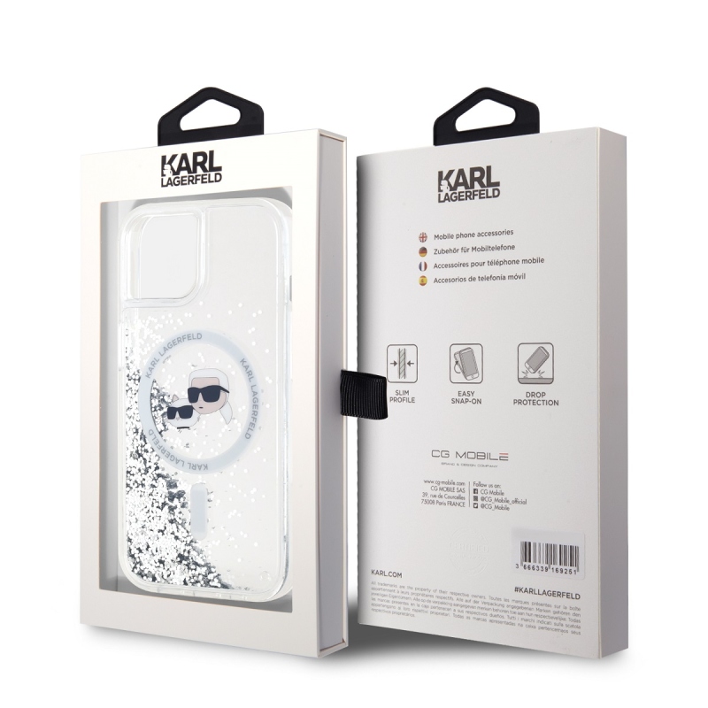 Karl Lagerfeld Liquid Glitter Karl és Choupette fejek MagSafe hátlap iPhone 15-hez Átlátszó