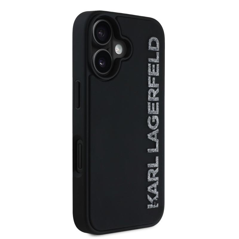 Karl Lagerfeld 3D gumiból készült csillogó logós hátlap iPhone 16-hoz Fekete