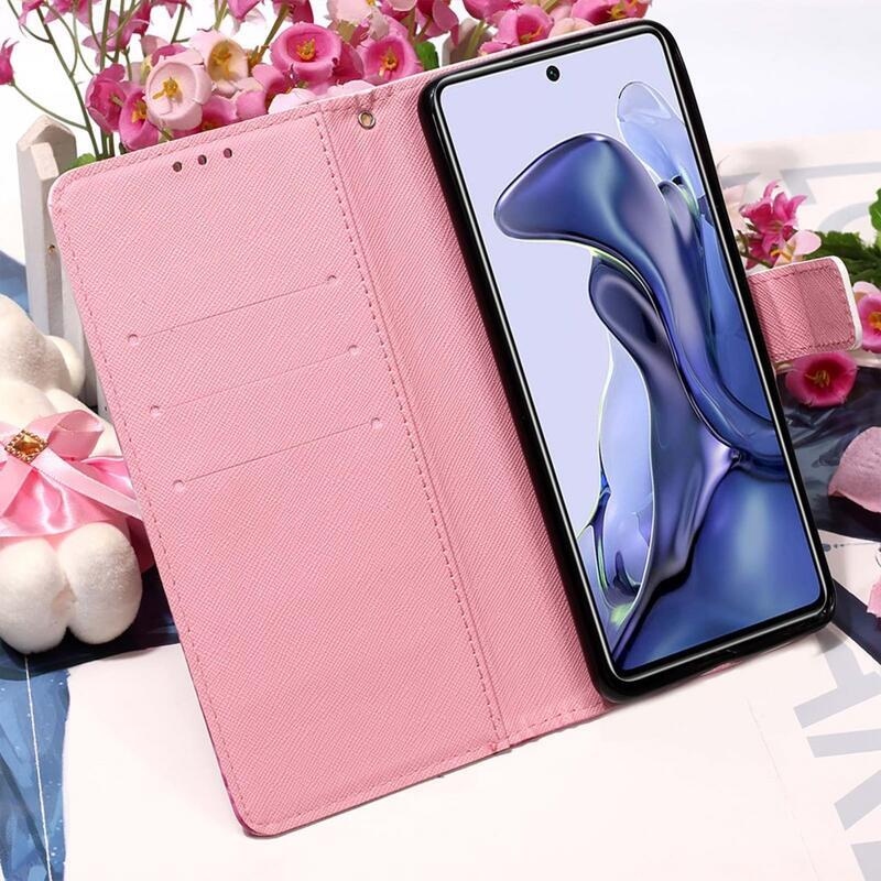 Nyomtatott pénztárca tok Xiaomi 11T/11T Pro - rózsaszín pillangókhoz