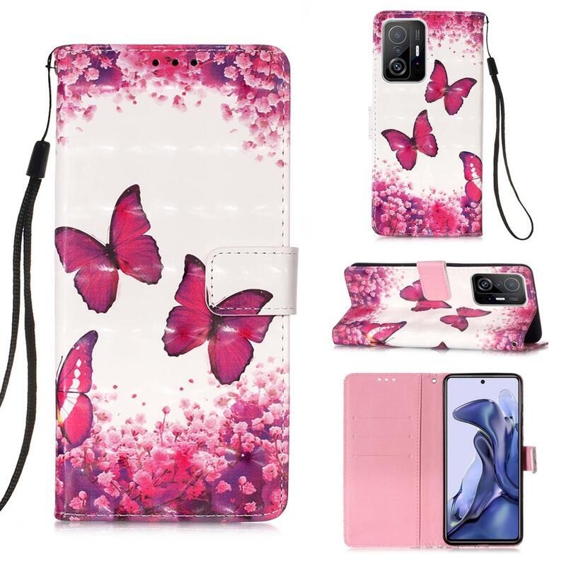 Nyomtatott pénztárca tok Xiaomi 11T/11T Pro - rózsaszín pillangókhoz