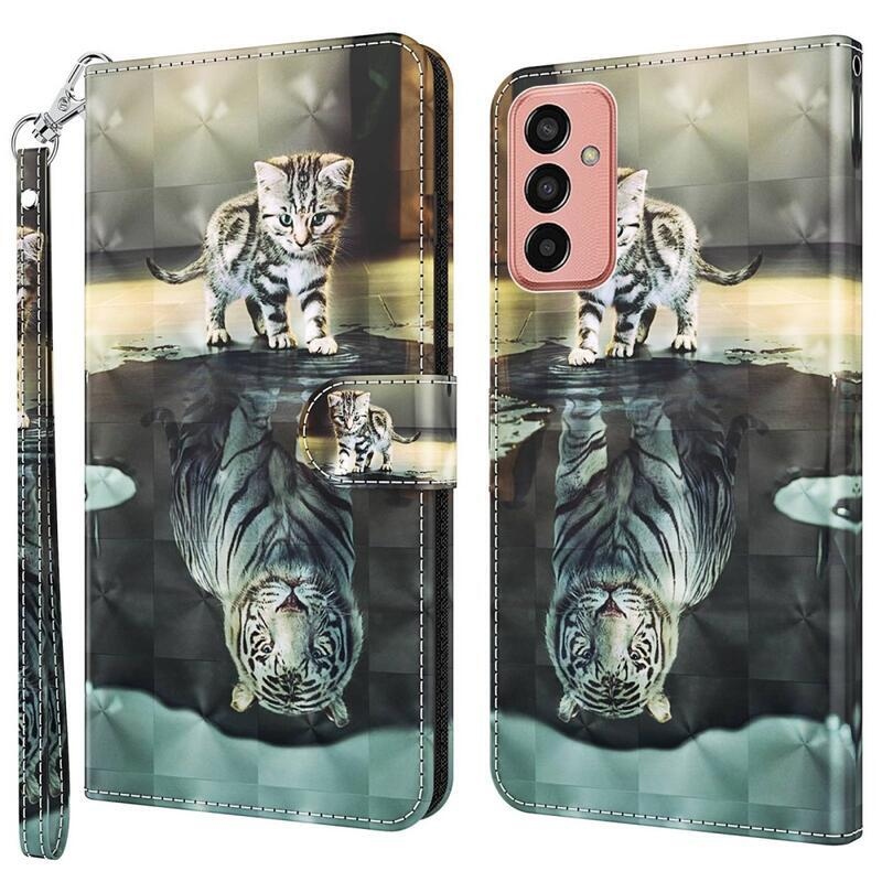 Nyomtatott pénztárca tok Samsung Galaxy M13-hoz - macska és tigris tükörkép