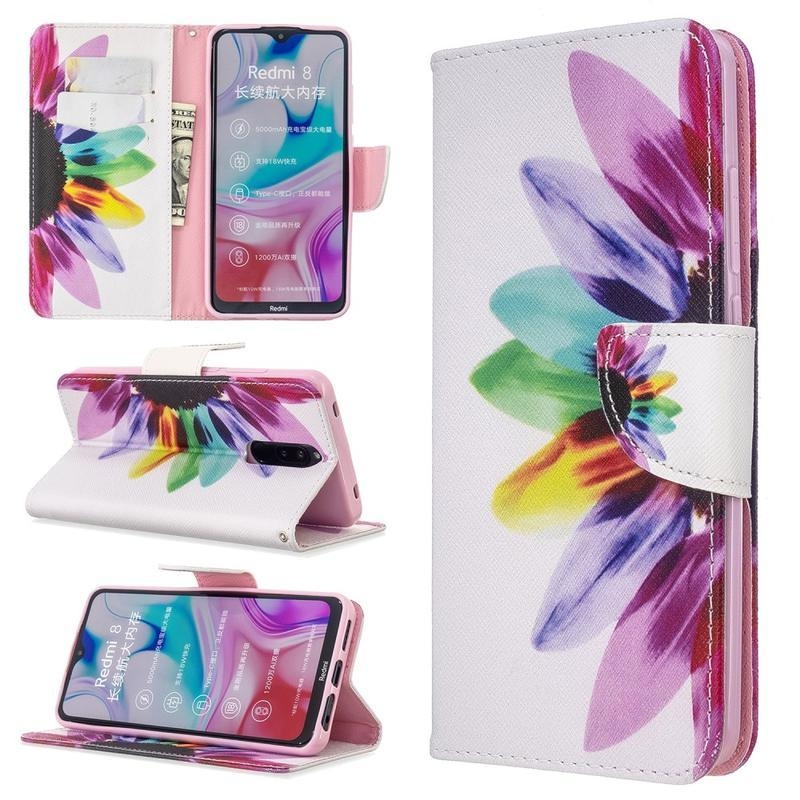 Nyomtatás PU bőr pénztárca tok Xiaomi Redmi 8-hoz - szirmok