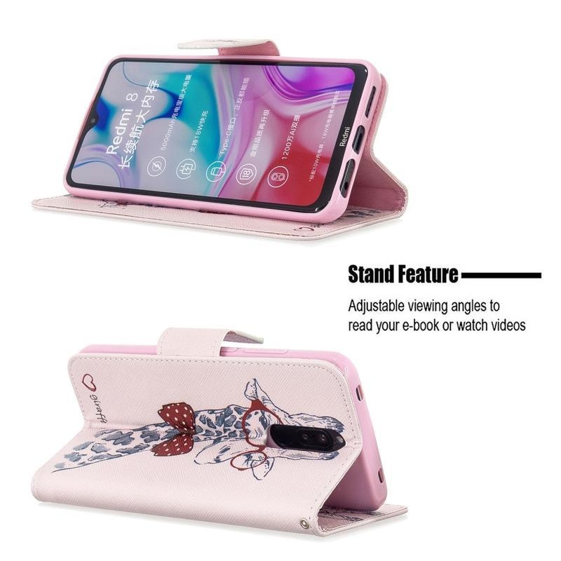 Nyomtatás PU bőr pénztárca tok Xiaomi Redmi 8-hoz - zsiráf szemüveggel