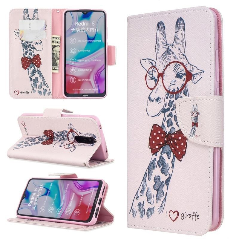 Nyomtatás PU bőr pénztárca tok Xiaomi Redmi 8-hoz - zsiráf szemüveggel