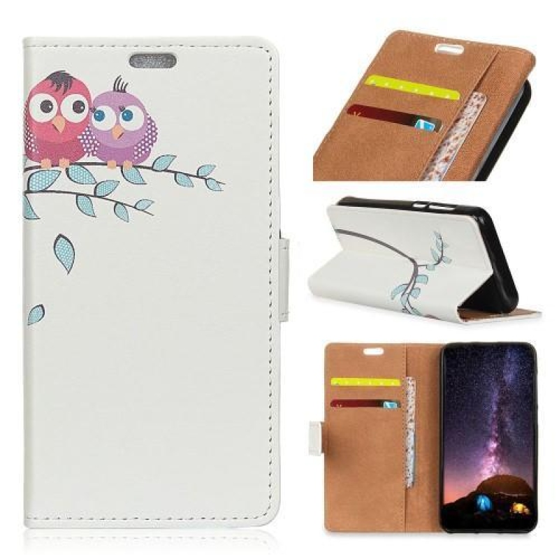 Nyomtatás PU bőr pénztárca tok Xiaomi Redmi Note 6 Pro - baglyok ágakon
