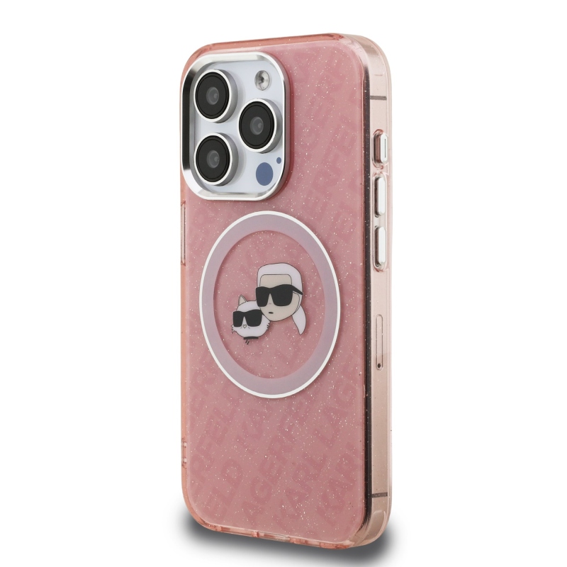 Karl Lagerfeld IML K&CH Heads Ismételt logó MagSafe hátlapi borító iPhone 15 Pro rózsaszínhez