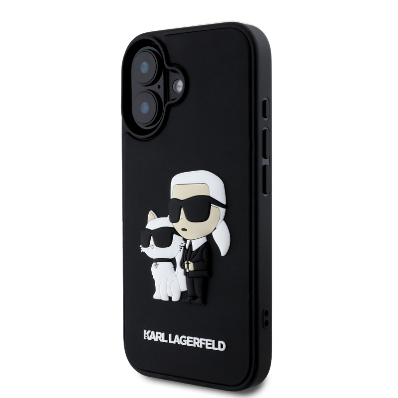 Karl Lagerfeld 3D gumiból készült Karl és Choupette hátlap iPhone 16 Plus készülékhez Fekete