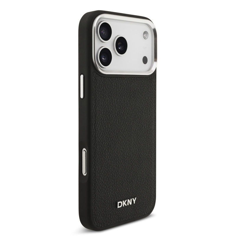 DKNY PU bőr fém logós csuklólánc MagSafe hátlap iPhone 17 Pro Max fekete színűre