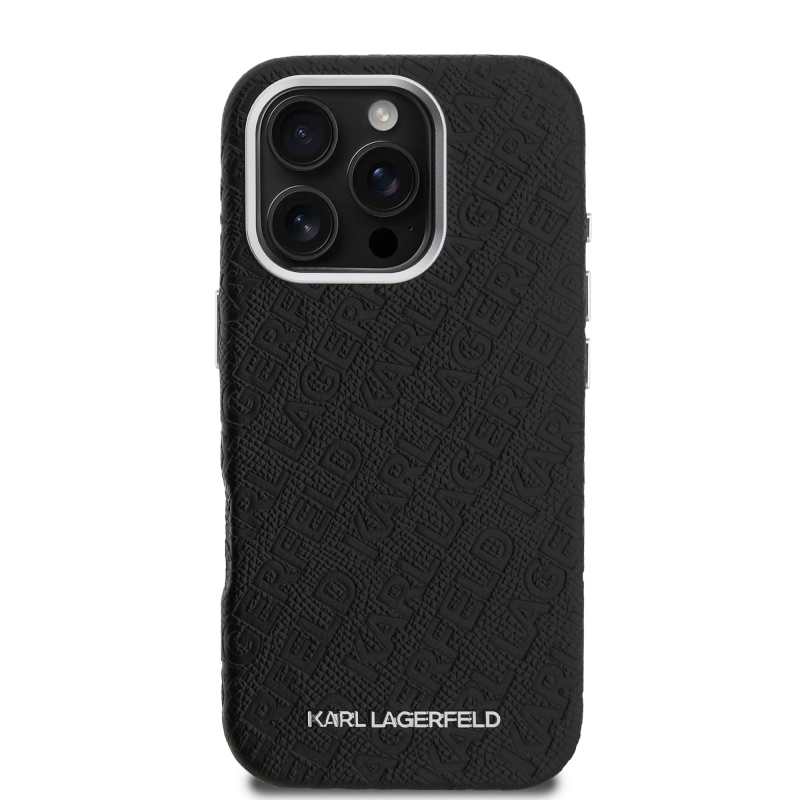 Karl Lagerfeld szemcsés PU ismétlődő logó MagSafe hátlap iPhone 16 Pro-hoz Fekete