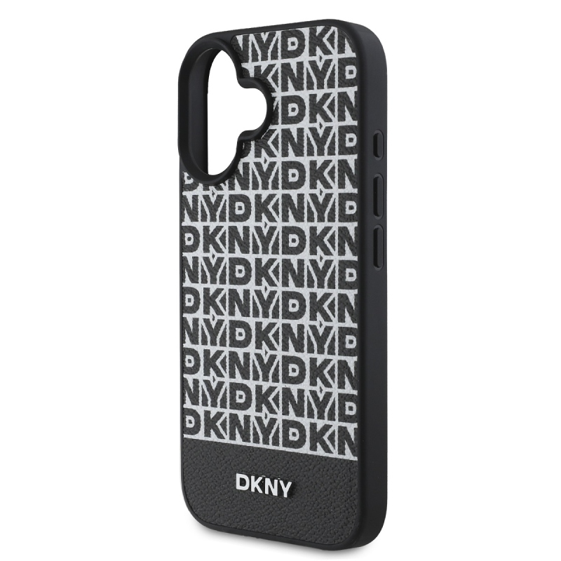 DKNY PU bőr ismétlődő mintás alsó csíkos MagSafe hátlap iPhone 16 Plus-hoz Fekete