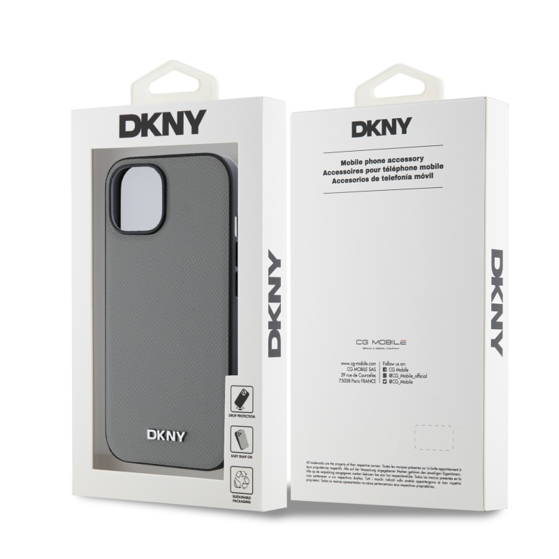 DKNY PU bőr ezüst fém logó Magsafe hátlap iPhone 14 szürke szürkéhez