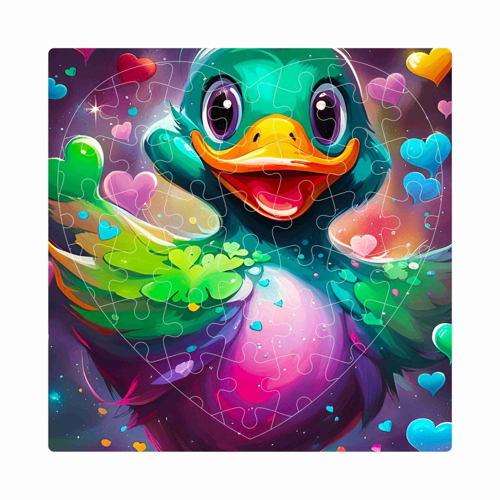 Szív alakú puzzle 19x18cm (76 darab), képpel - színes kacsa