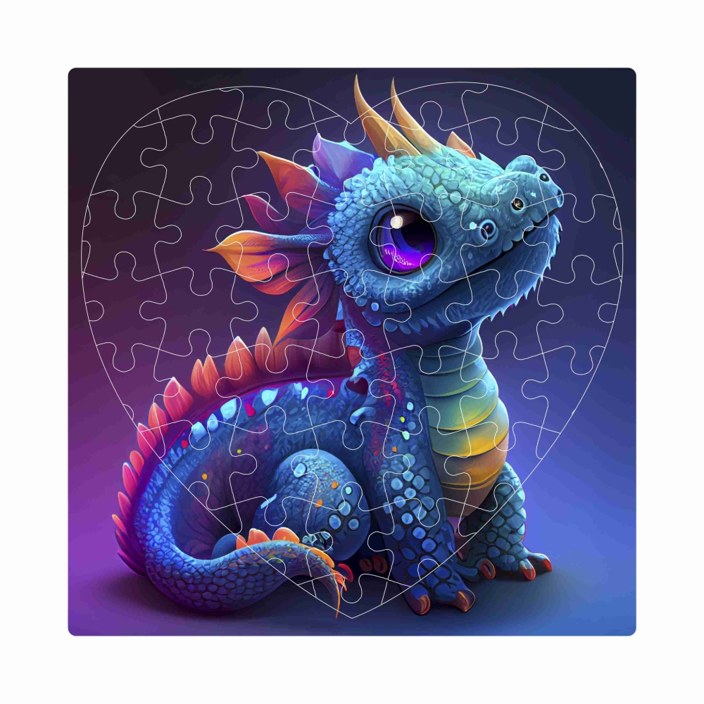 Szív alakú puzzle 19x18cm (76 darab), képpel - színes sárkány