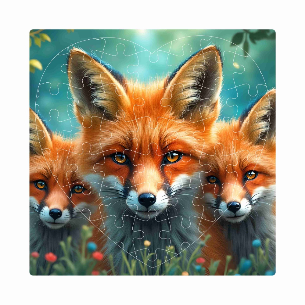 Puzzle 19x18cm szív alakú (76 darab) képpel - róka a kölykökkel