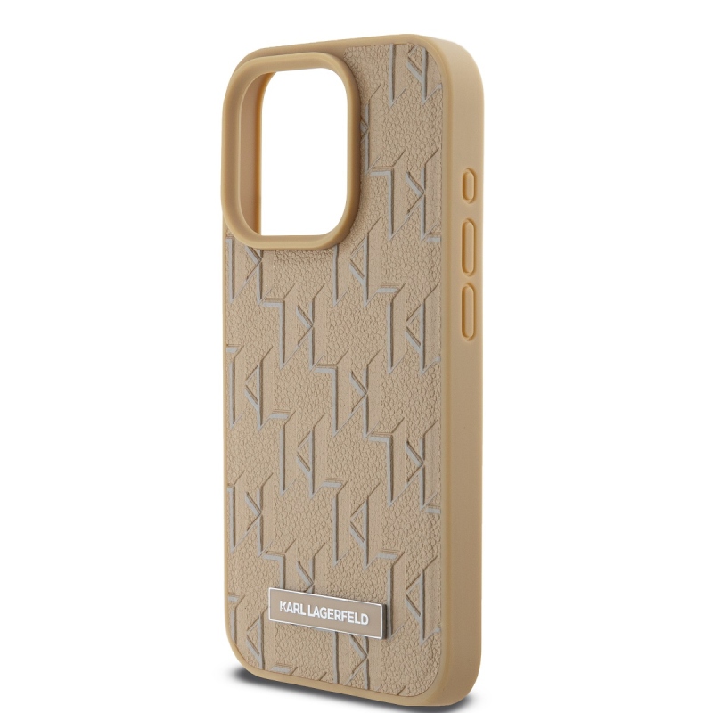 Karl Lagerfeld PU bőr monogram fém logó MagSafe hátlap iPhone 14 Pro Max bézs színű borítóhoz