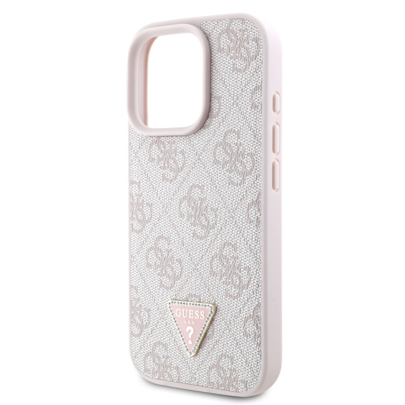Guess PU 4G Strass háromszög fém logó hátlap iPhone 16 Pro rózsaszínhez