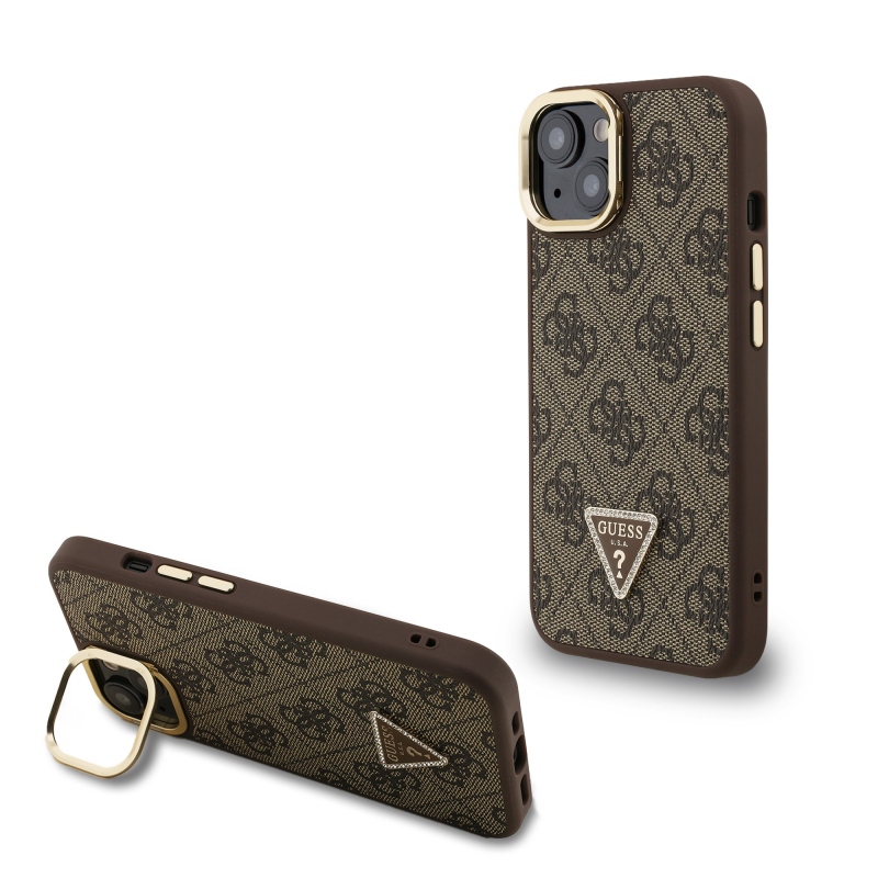 Guess PU 4G Strass háromszög logó állvány kamera keret MagSafe hátlapi borító iPhone 13 barna barna