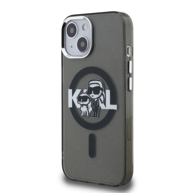Karl Lagerfeld IML Glitter Karl és Choupette Sketch MagSafe hátlapi borító iPhone 15-hez Fekete