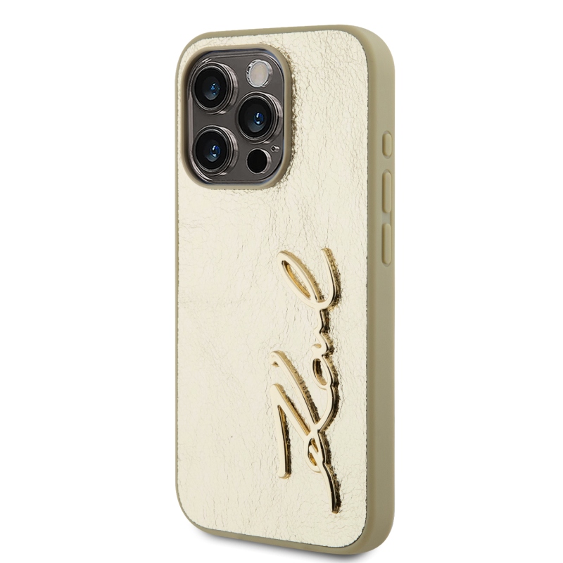 Karl Lagerfeld gyűrött PU aláírás logós hátlap iPhone 15 Pro Max arany színűre