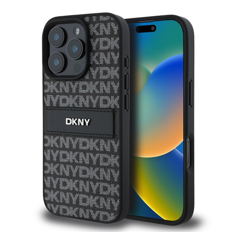 DKNY PU bőr ismétlődő mintás tonális csíkos hátlapi borító iPhone 16 Pro Max-hoz Fekete