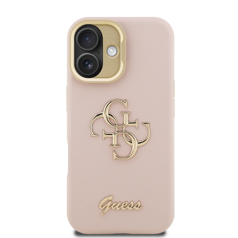 Guess PU szemcsés 4G Logo Stand Kamera keret hátlapi borító iPhone 16 rózsaszínhez