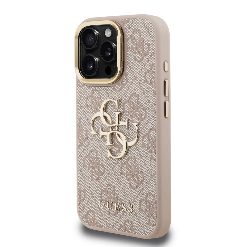 Guess PU 4G fém logó állvány kamera keret hátlapja iPhone 16 Pro Max rózsaszínhez