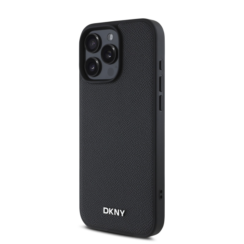 DKNY PU bőr ezüst fém logó Magsafe hátlap iPhone 16 Pro Fekete