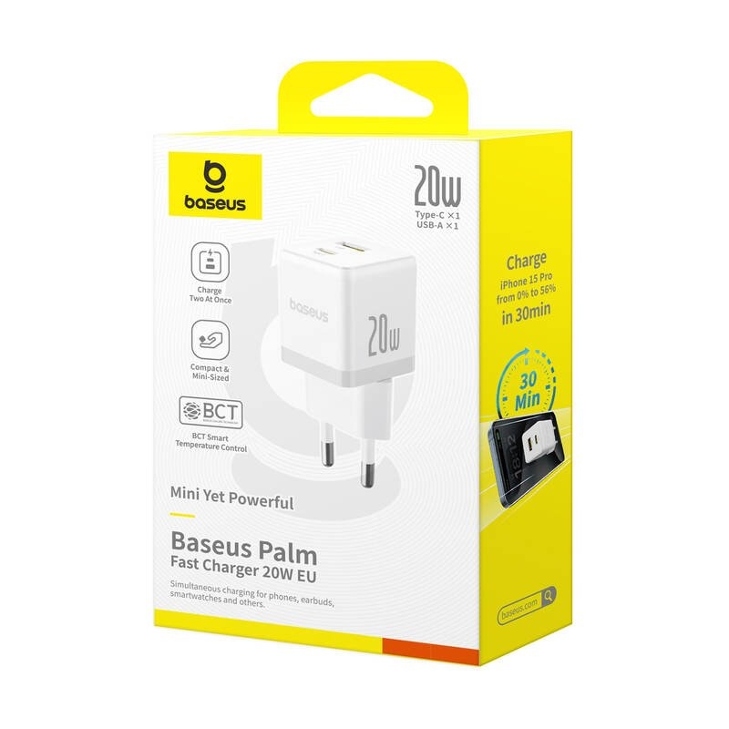 Baseus Palm Gyorstöltő USB-A + USB-C 20W Fehér