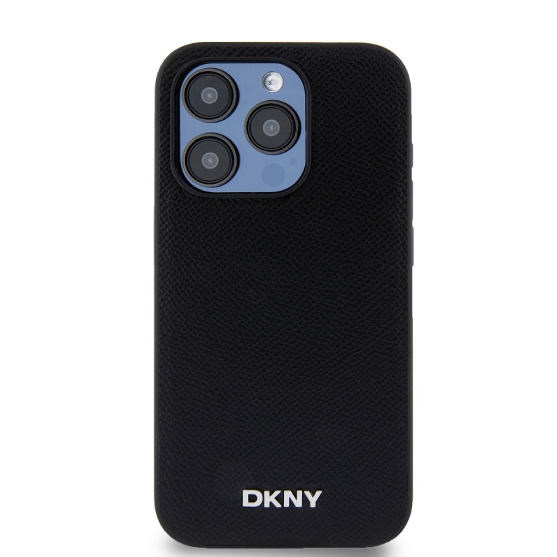 DKNY PU bőr ezüst fém logó Magsafe hátlap iPhone 15 Pro Fekete
