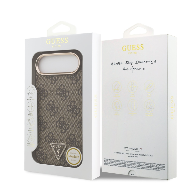 Guess PU bőr 4G Strass háromszög logó arany keret MagSafe hátlapi borító iPhone Air barna barna