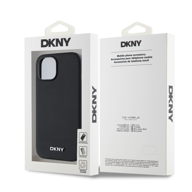 DKNY PU bőr ezüst fém logó Magsafe hátlap iPhone 14 Fekete