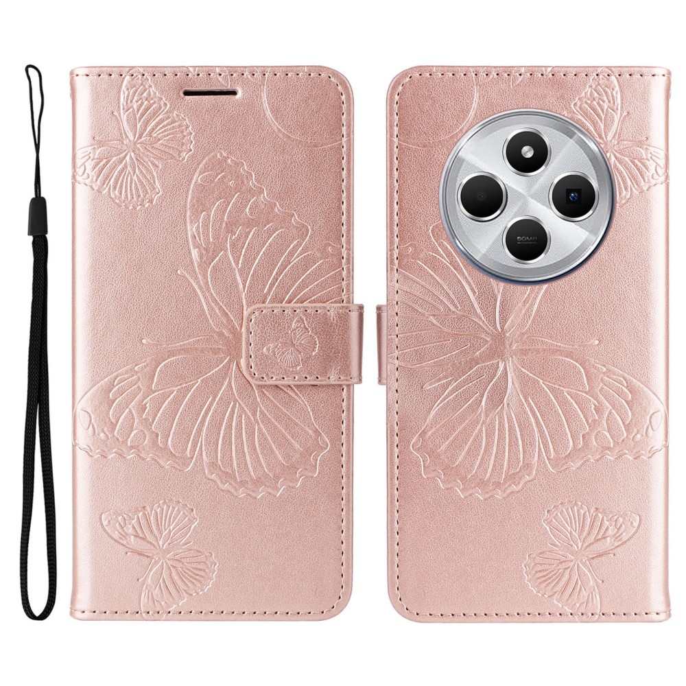 Nagy pillangó könyv tok Xiaomi Redmi 14C/Poco C75-hez - rózsaarany