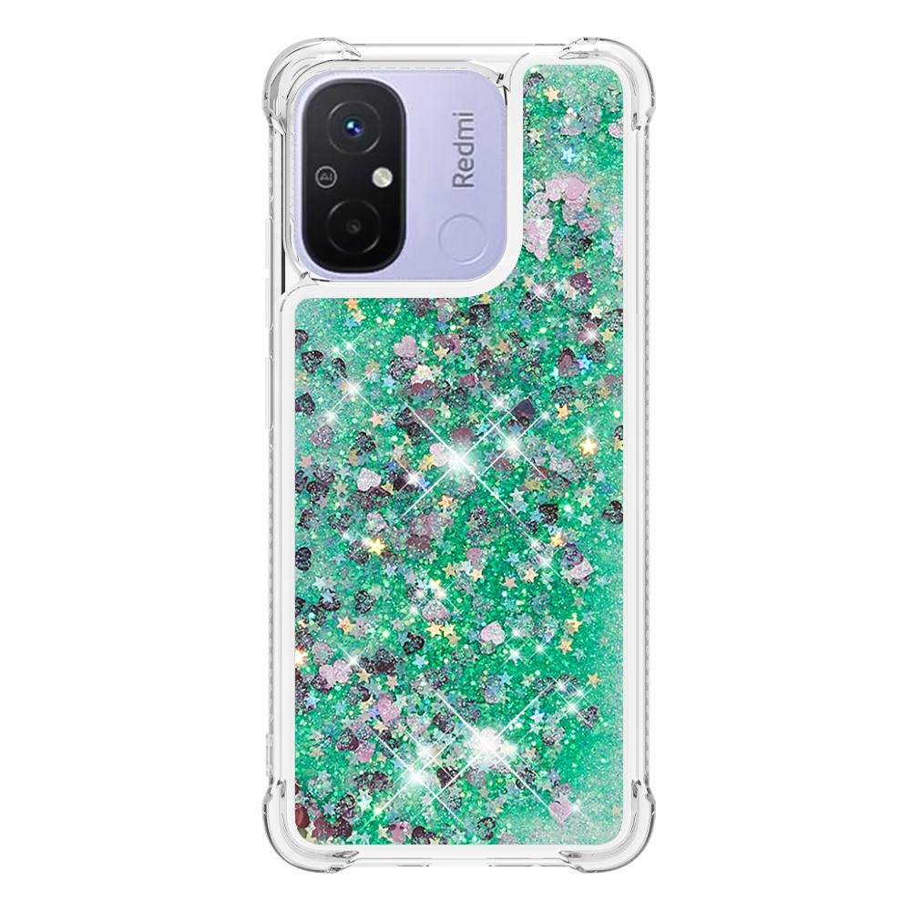 Glitter homokóra zselés tok Xiaomi Redmi 12C-hez - zöld/szívek