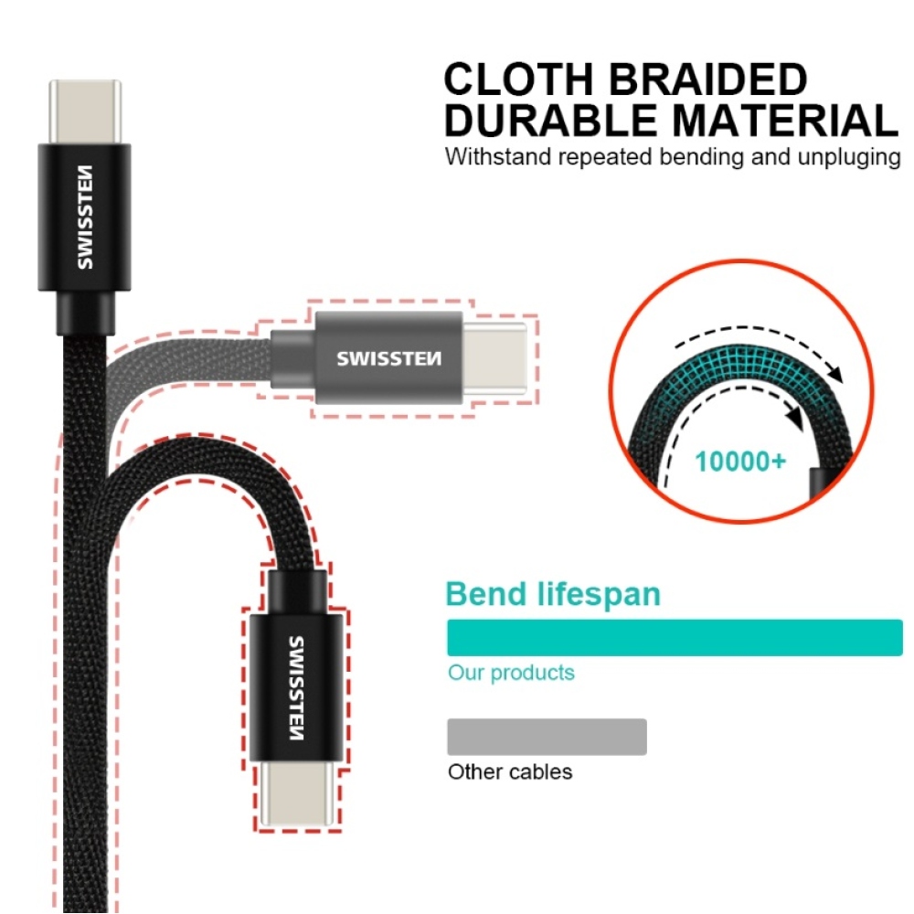 Swissten Woven USB-C/USB-C töltő és szinkronizáló kábel 1.2m - Fekete