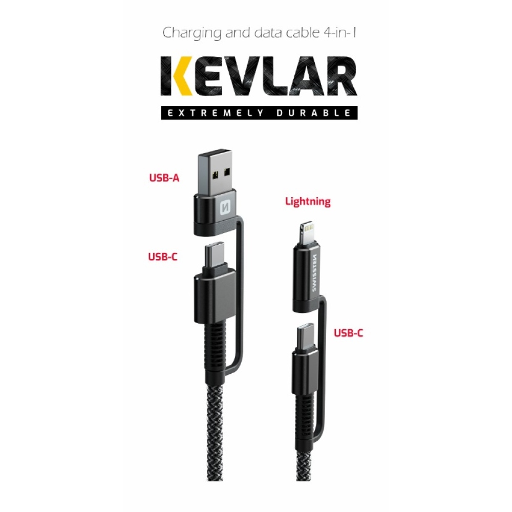 Swissten Kevlar 4v1 3A adatkábel 1,5m - antracit