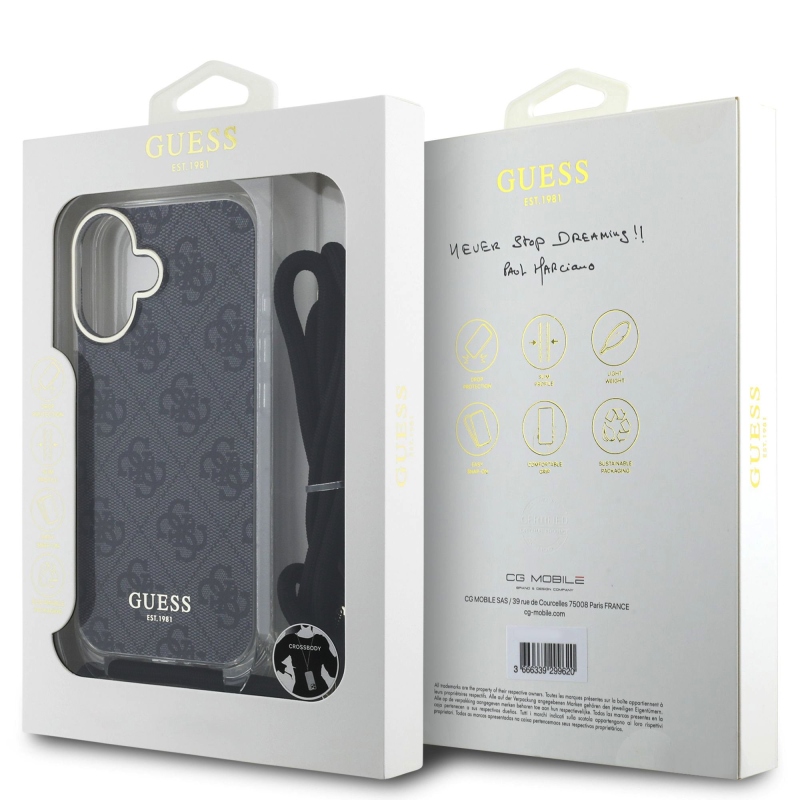 Guess IML 4G nyomtatott keresztpántos hátlapi borító iPhone 16-hoz Fekete