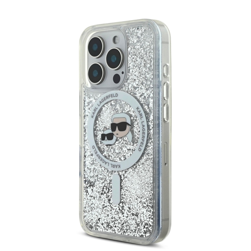 Karl Lagerfeld folyékony csillogó Karl és Choupette fejek MagSafe hátlap iPhone 16 Pro Max átlátszóhoz