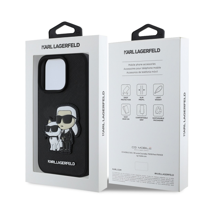 Karl Lagerfeld PU Saffiano Karl és Choupette hátlap iPhone 15 Pro Max-hoz Fekete