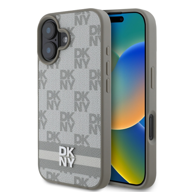 DKNY PU bőr kockás mintás és csíkos hátlapi borító iPhone 16 bézs színű készülékhez