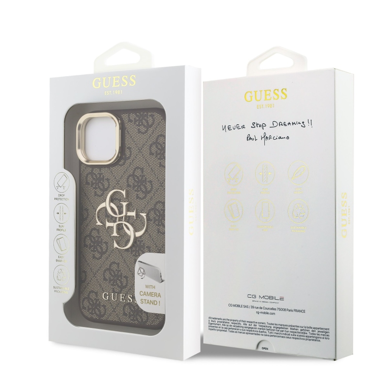 Guess PU 4G fém logó állvány kamera keret hátlapja iPhone 13 barna barna