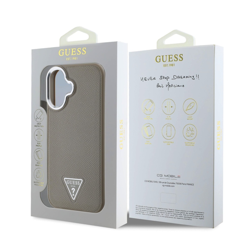 Guess PU szemcsés, háromszög alakú logós hátlap iPhone 16-hoz Barna