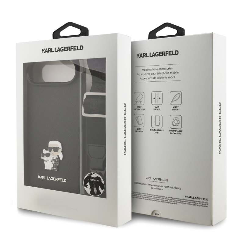 Karl Lagerfeld Saffiano Crossbody Strap Metal Karl és Choupette hátlapi borító iPhone Airhez Fekete