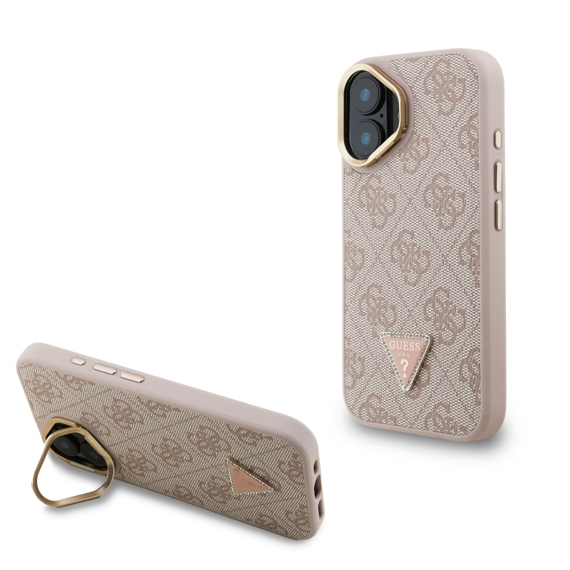 Guess PU 4G Strass háromszög logó állvány kamerakeret MagSafe hátlapi borító iPhone 16 rózsaszínhez