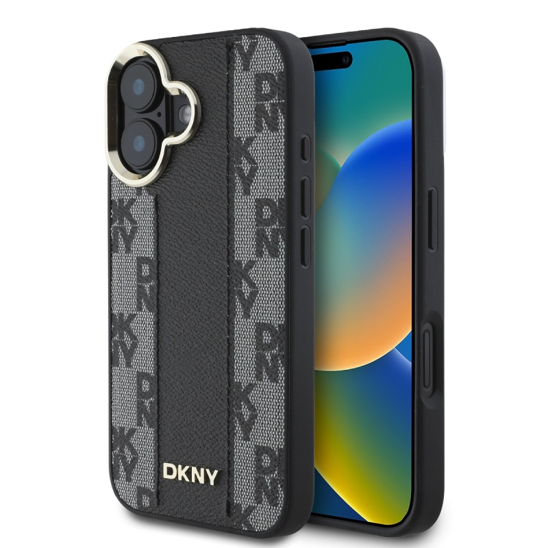 DKNY PU bőr kockás mintás Magsafe hátlap iPhone 16 Plus-hoz Fekete