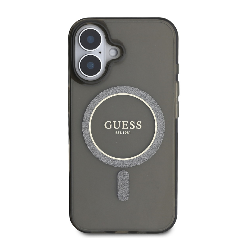 Guess IML Glitter Ring MagSafe hátlap iPhone 16-hoz Fekete