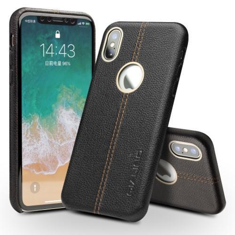 Qial műanyag tok valódi bőr hátlappal iPhone X készülékhez - fekete